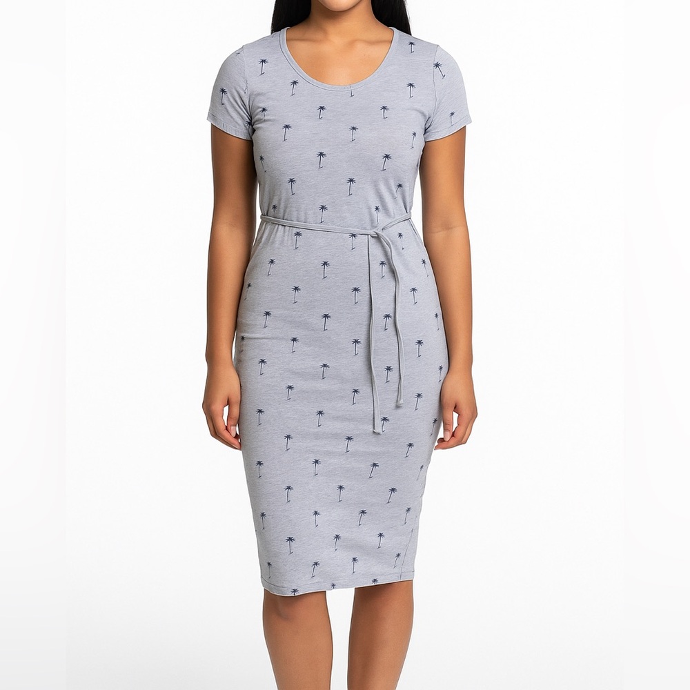 Ampersand Ave. Palm Tree Midi Dress | Casual Summer Short Sleeve Tie Waist Dress